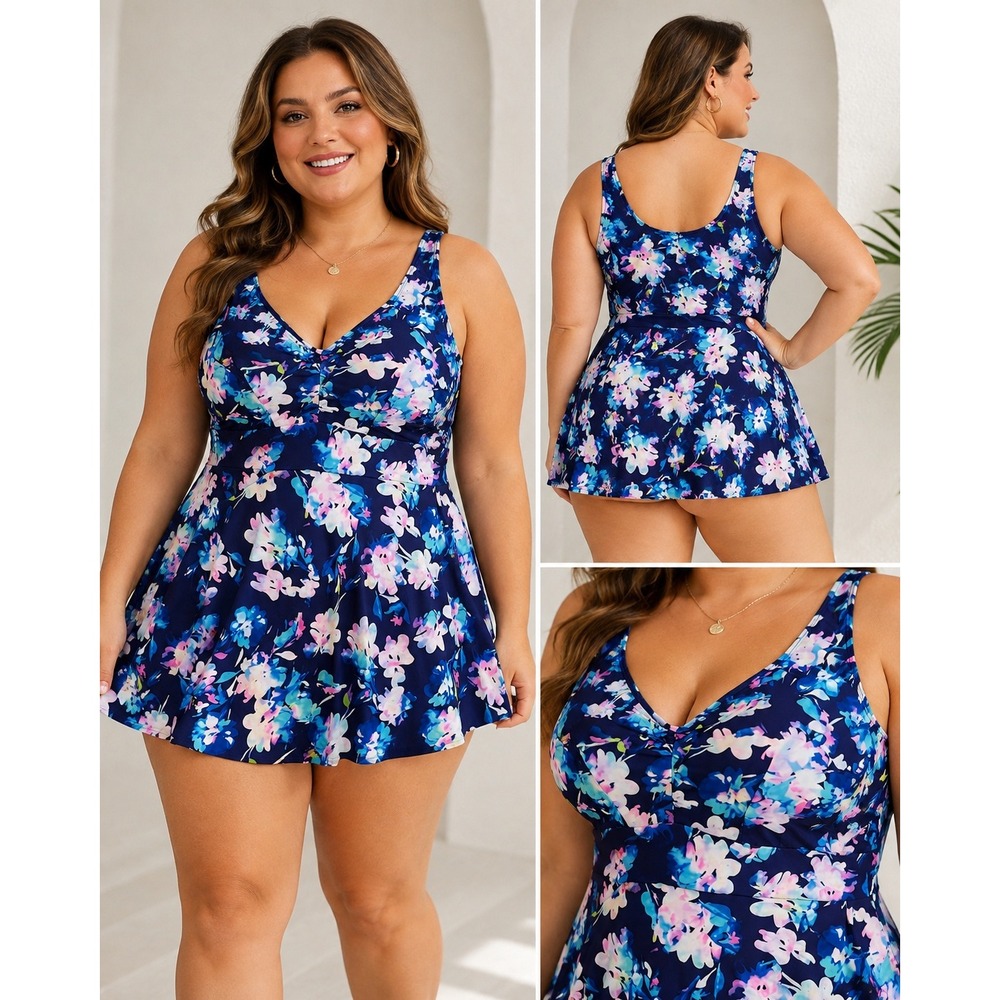 Meet Curve Blue Floral Swimdress One Piece Swimsuit Plus Size 3XL NWT